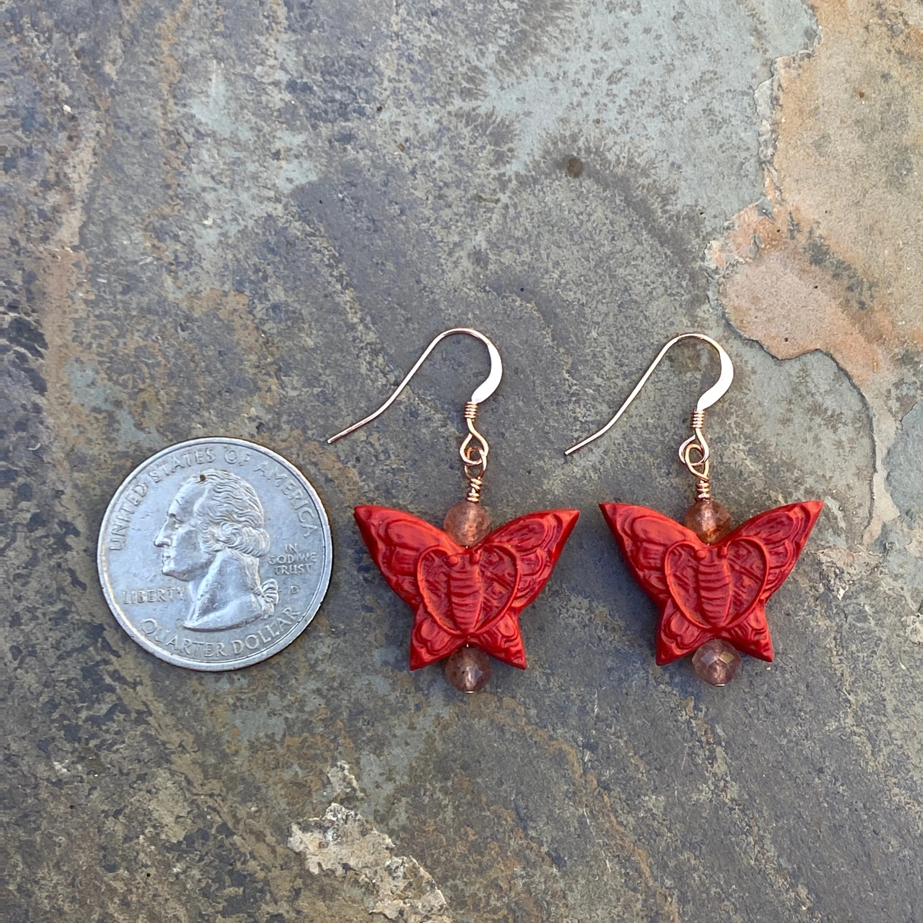 Cinnabar butterfly and Lepidocrocite gemstone e/ 14 kt Rose GF drop earrings