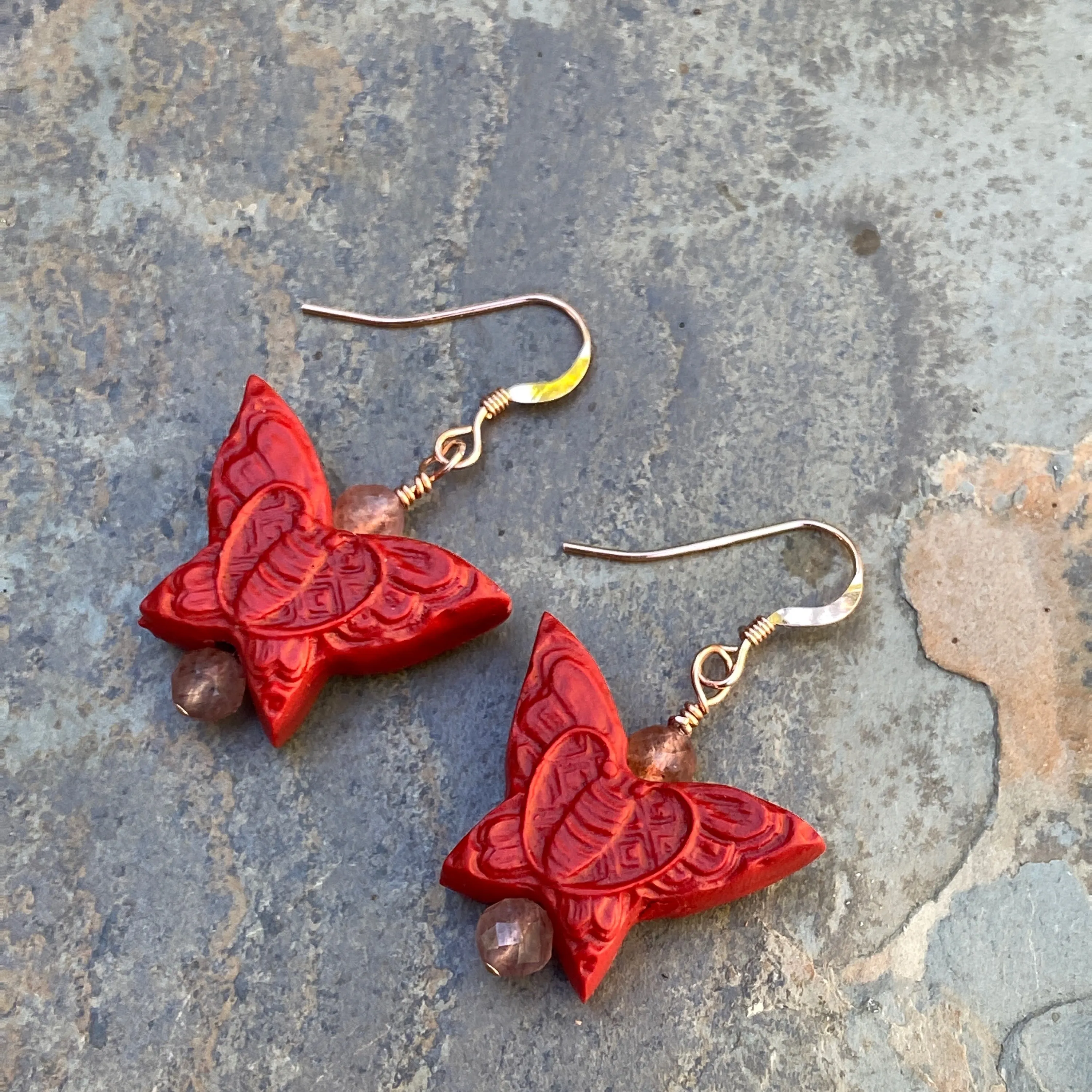 Cinnabar butterfly and Lepidocrocite gemstone e/ 14 kt Rose GF drop earrings