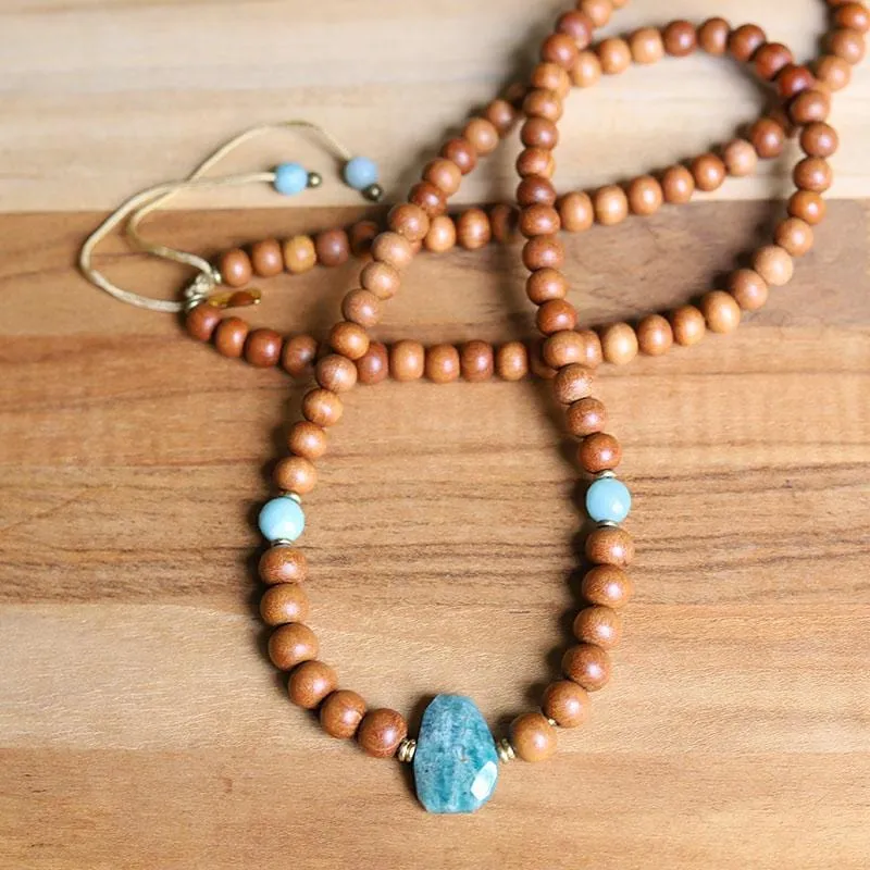 Communication Sandalwood and Amazonite Mala Necklace