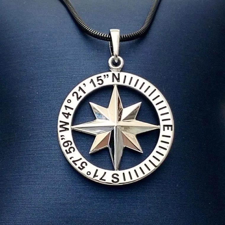 Compass Rose Custom Coordinates Grande Sterling Silver Pendant