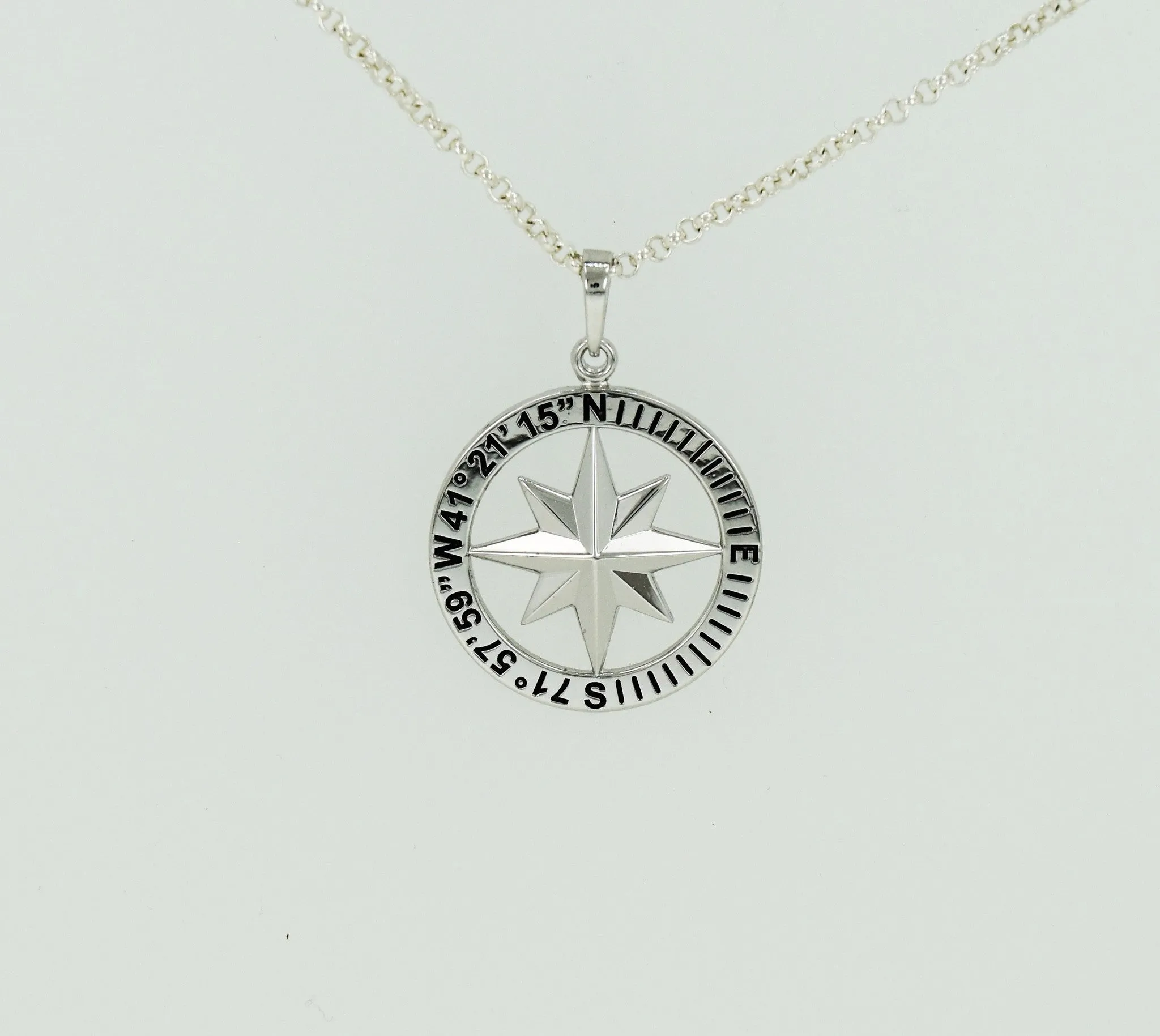 Compass Rose Custom Coordinates Grande Sterling Silver Pendant