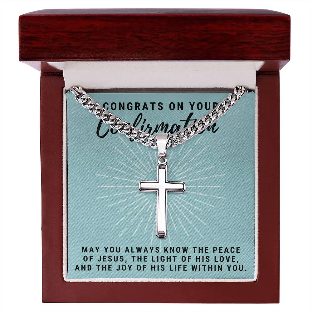 Confirmation Gift for Him, May You Always Know the Peace of Jesus Stainless Steel Men Cross Necklace on Cuban Chain