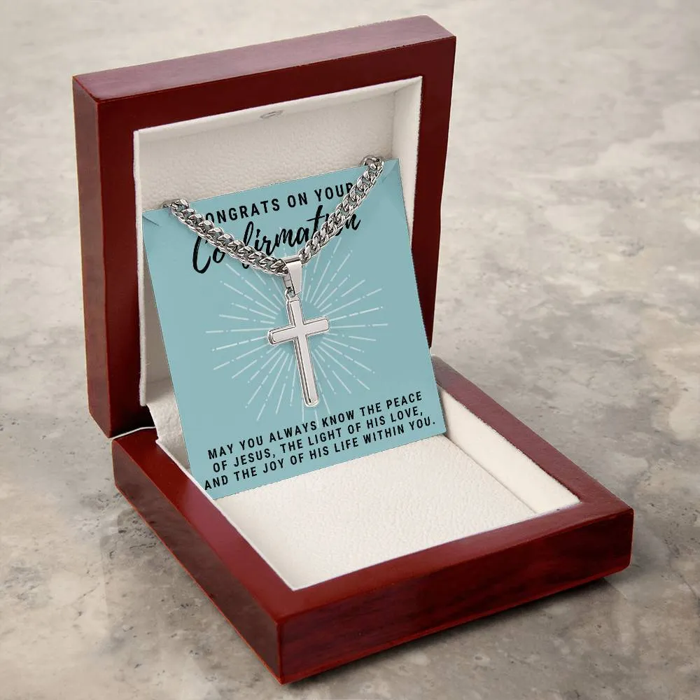 Confirmation Gift for Him, May You Always Know the Peace of Jesus Stainless Steel Men Cross Necklace on Cuban Chain