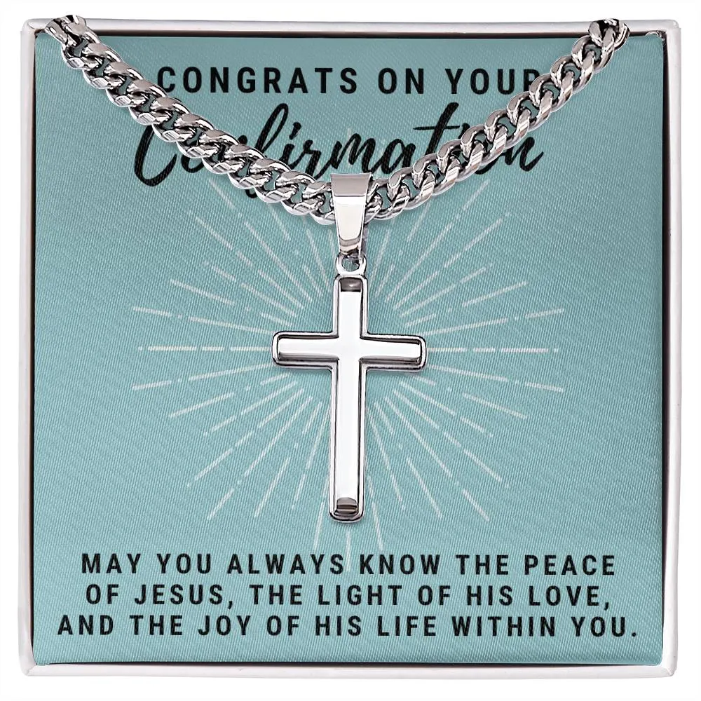 Confirmation Gift for Him, May You Always Know the Peace of Jesus Stainless Steel Men Cross Necklace on Cuban Chain