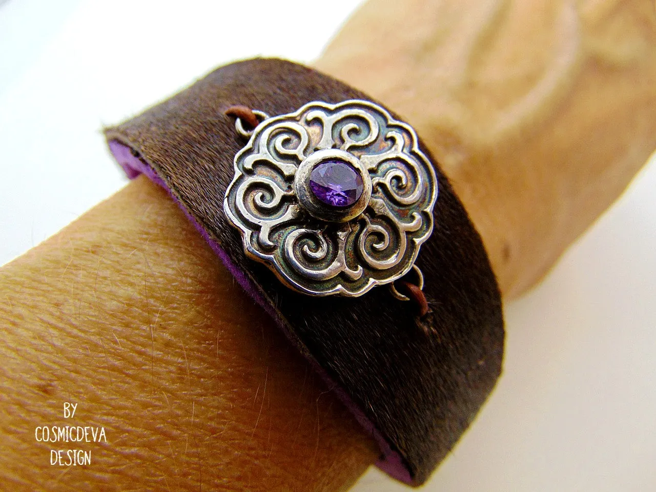 Cowhide Fur Cuff Leather Bracelet Sterling Silver Celtic Disc With Amethyst, US Size 7