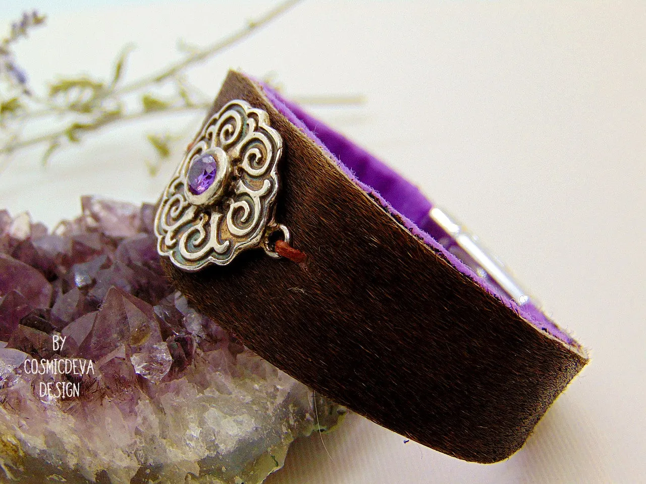 Cowhide Fur Cuff Leather Bracelet Sterling Silver Celtic Disc With Amethyst, US Size 7