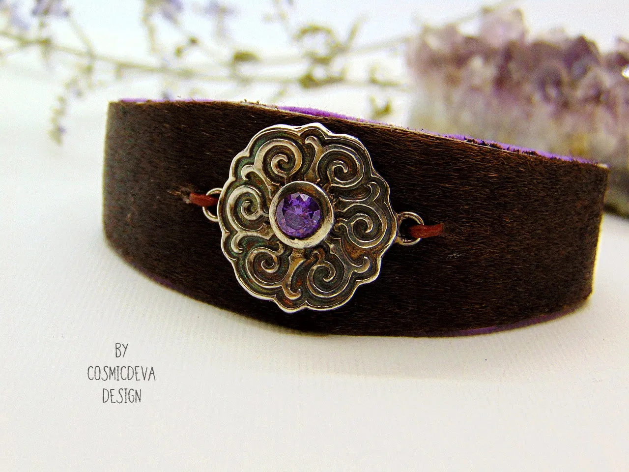 Cowhide Fur Cuff Leather Bracelet Sterling Silver Celtic Disc With Amethyst, US Size 7