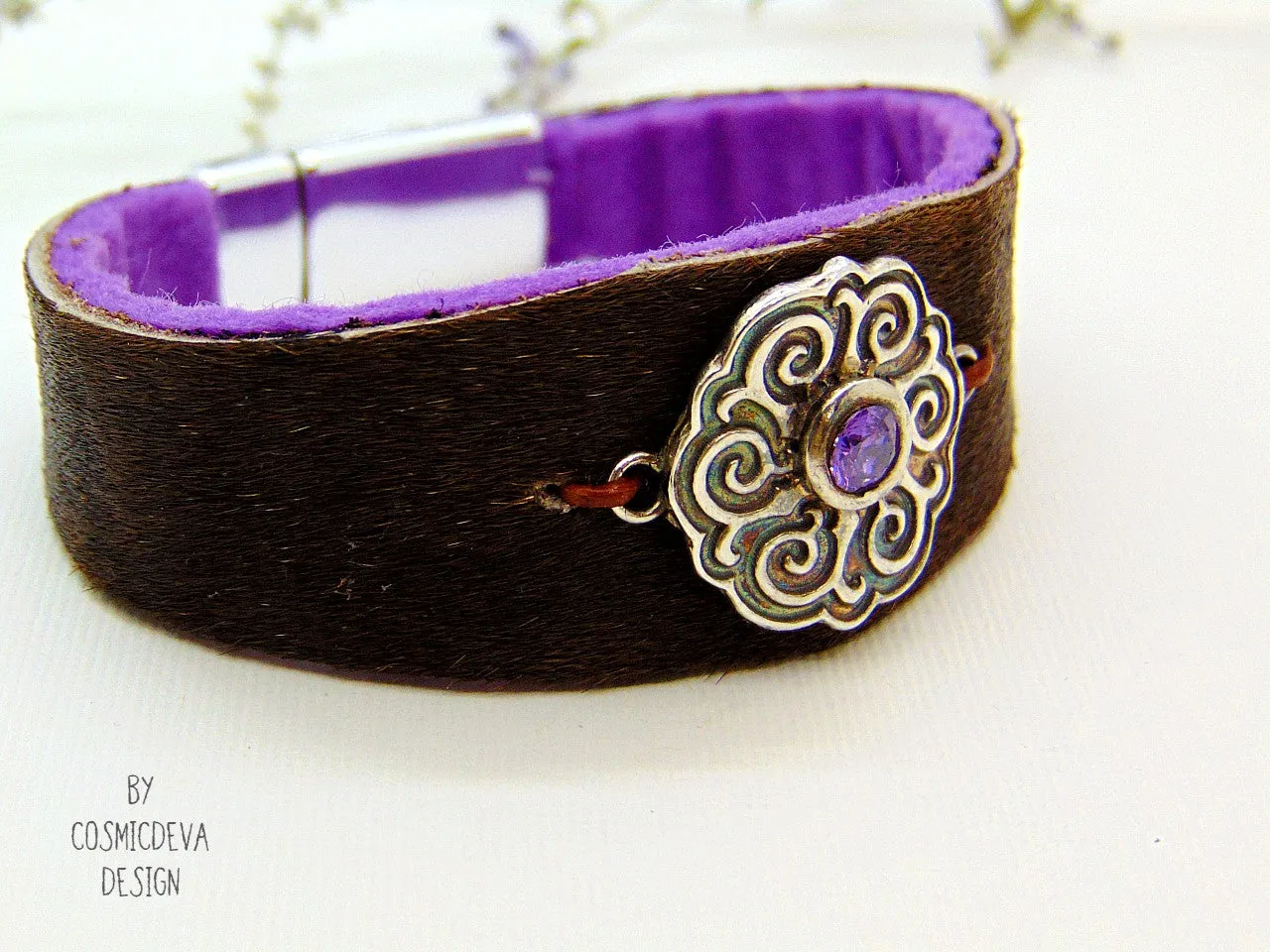 Cowhide Fur Cuff Leather Bracelet Sterling Silver Celtic Disc With Amethyst, US Size 7