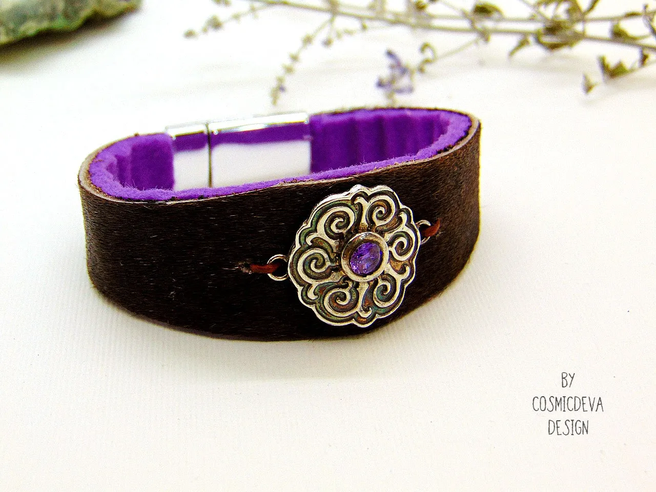 Cowhide Fur Cuff Leather Bracelet Sterling Silver Celtic Disc With Amethyst, US Size 7