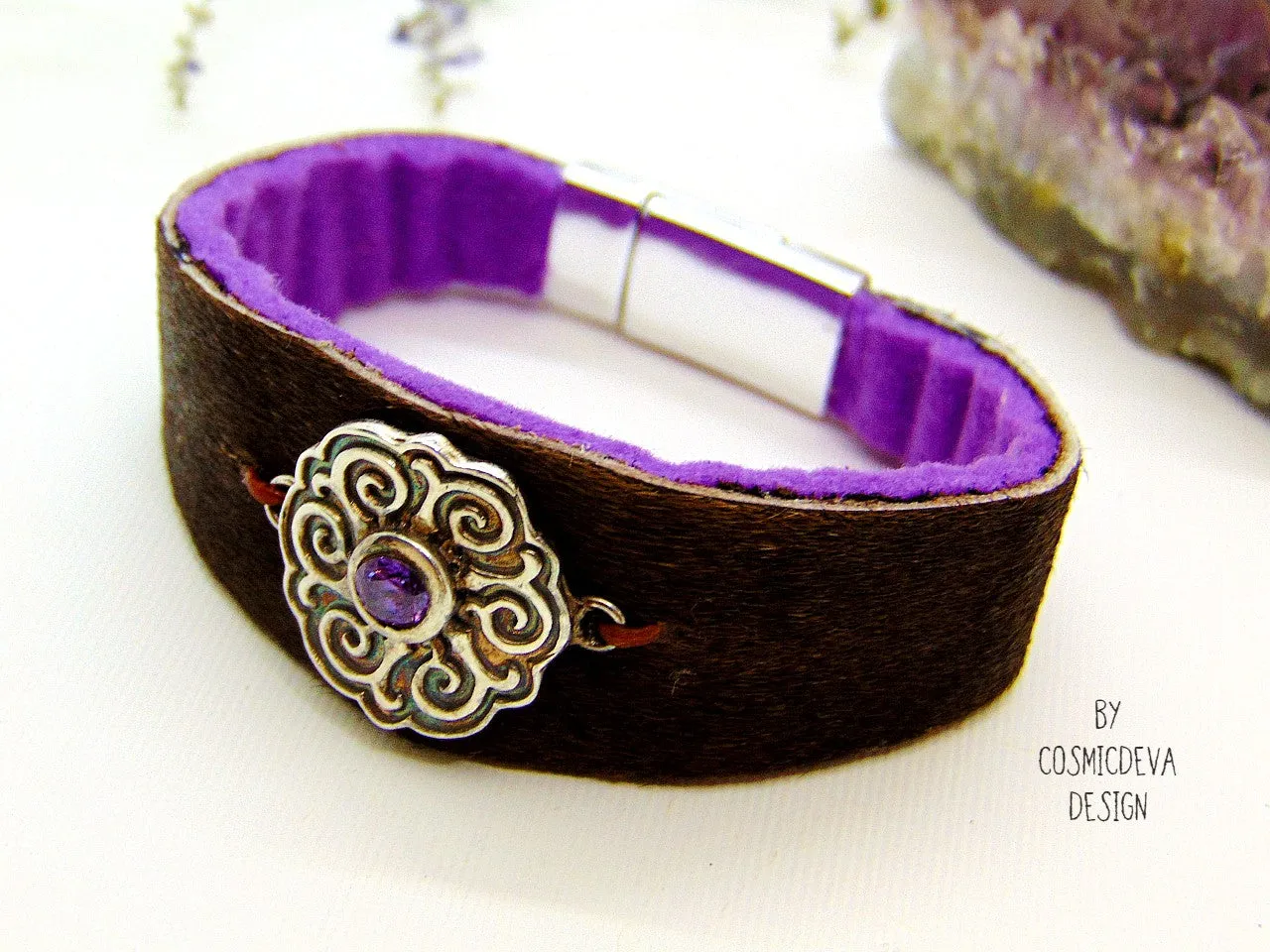 Cowhide Fur Cuff Leather Bracelet Sterling Silver Celtic Disc With Amethyst, US Size 7