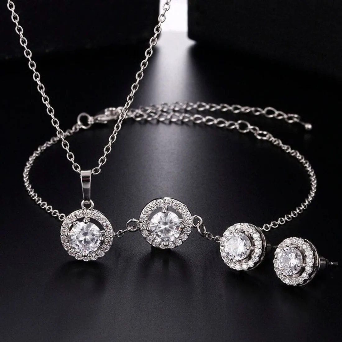 CZ  Solitaire Crystal Luxury Pendant Bracelet Earrings Set - 3 Variants