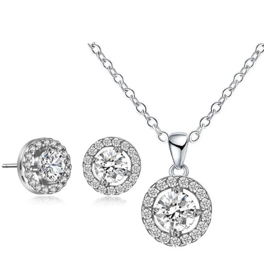 CZ  Solitaire Crystal Luxury Pendant Bracelet Earrings Set - 3 Variants