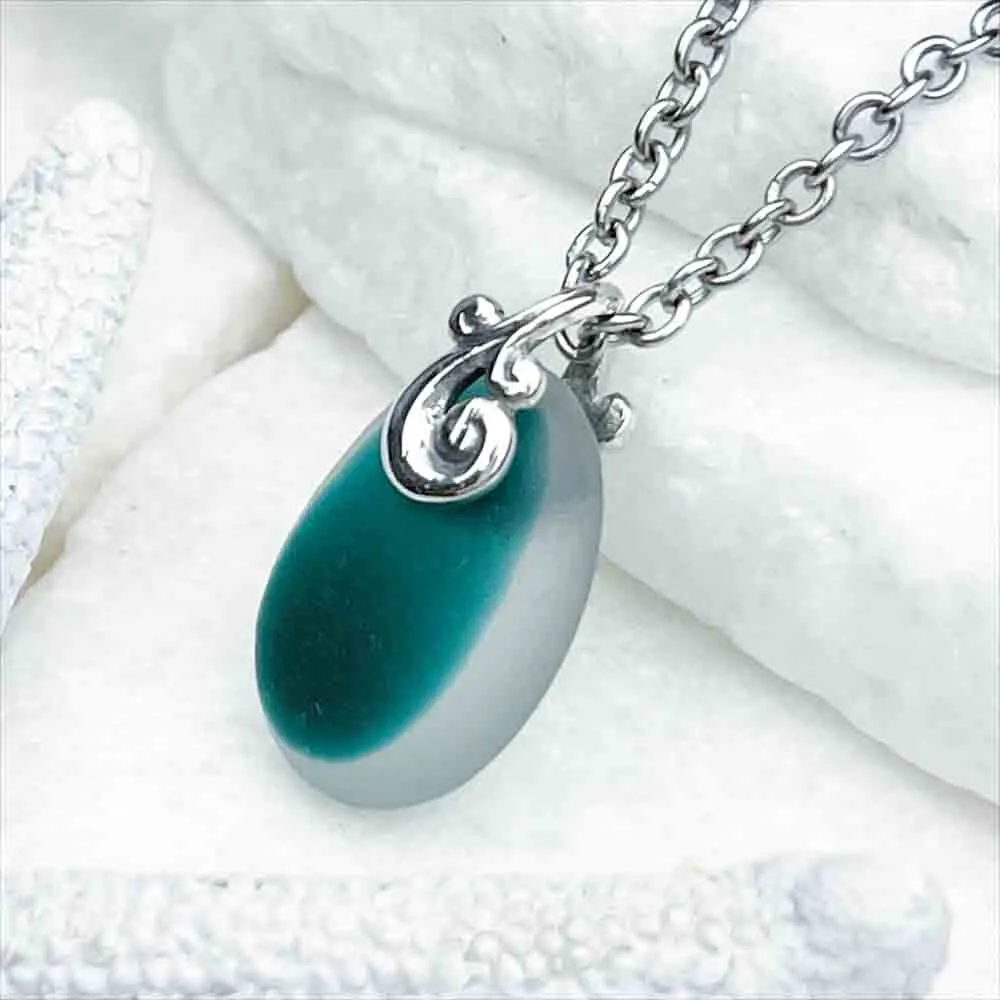 Deep Aqua English Multi Sea Glass Sterling Silver Pendant | #5157