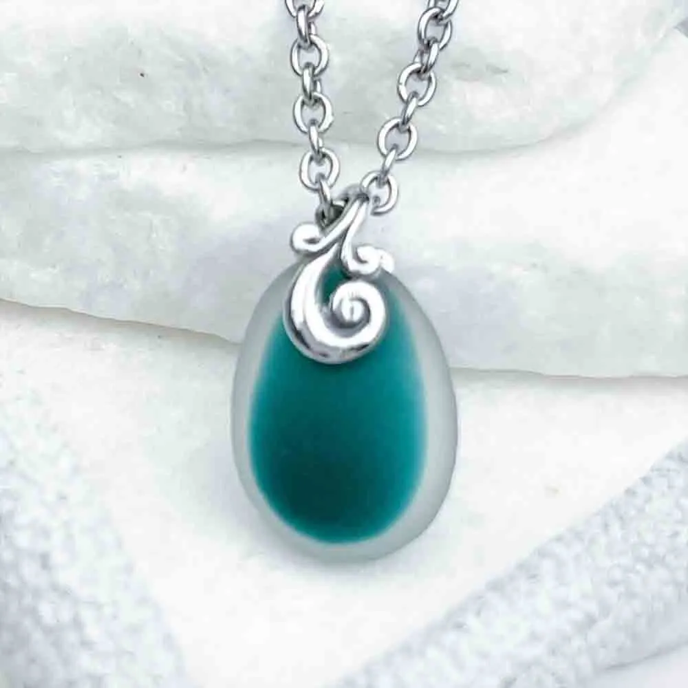 Deep Aqua English Multi Sea Glass Sterling Silver Pendant | #5157