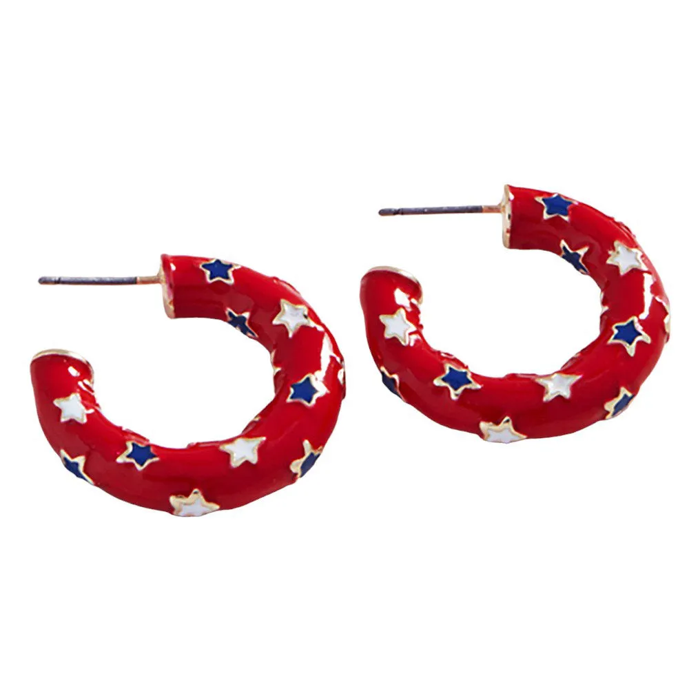 Enamel American USA Flag Pattern Hoop Earrings