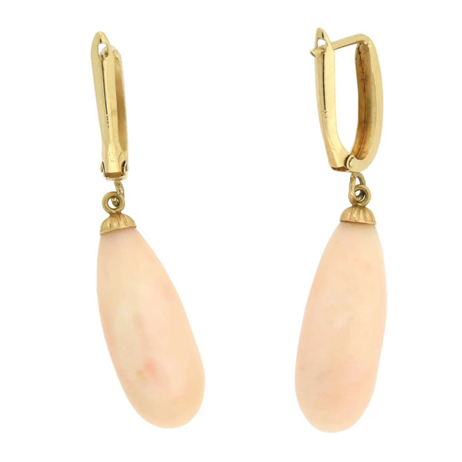 Estate 14kt Angel Skin Coral Teardrop Dangle Earrings