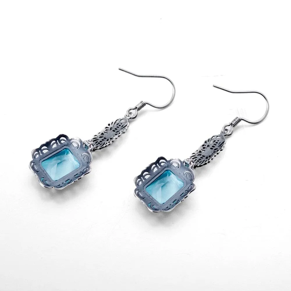 Ethnic Aquamarine Birthstone Earrings - 925 Sterling Silver