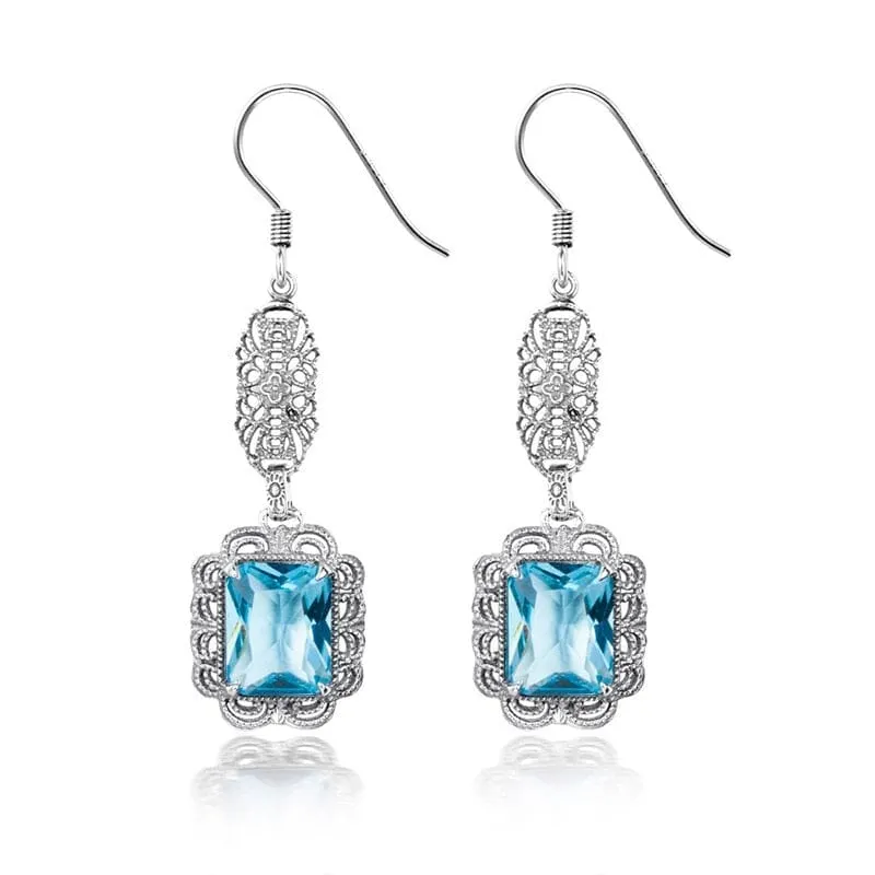 Ethnic Aquamarine Birthstone Earrings - 925 Sterling Silver