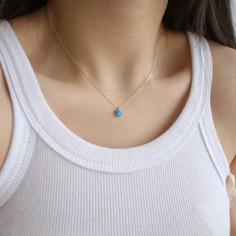 Fashion Classic Round Blue Opal Choker Necklace - Real 925 Sterling Silver