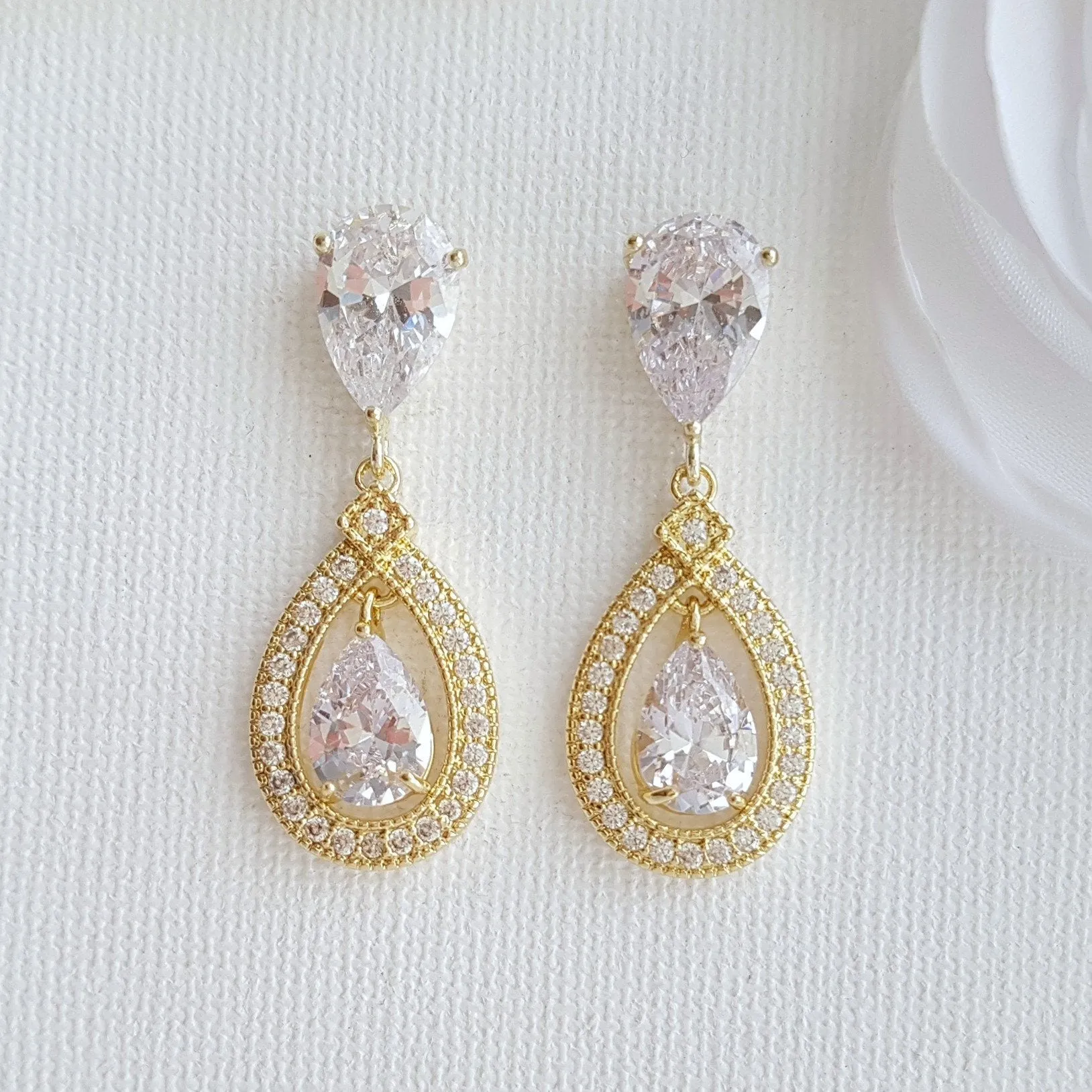 Gold Crystal Drop Earrings Weddings- Sarah