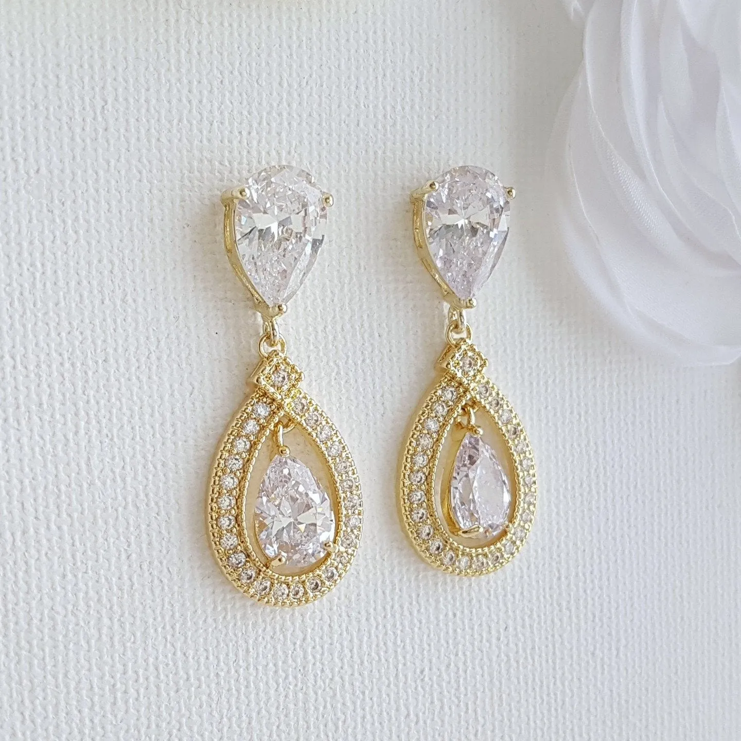 Gold Crystal Drop Earrings Weddings- Sarah