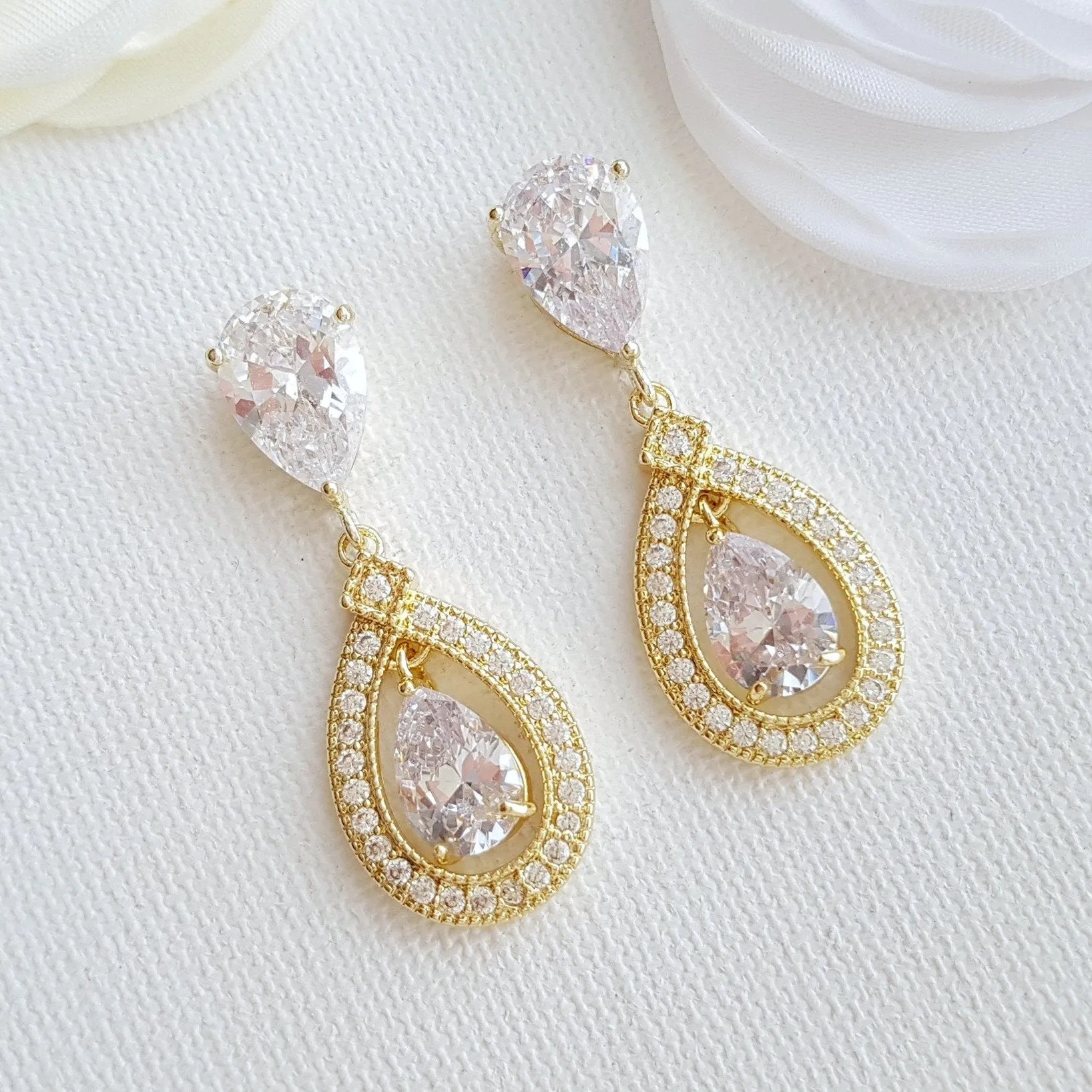 Gold Crystal Drop Earrings Weddings- Sarah