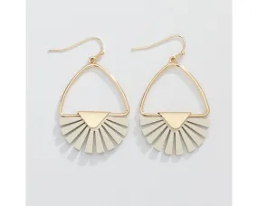 Gold Drops with Beige Leather Cutout Rays Earrings