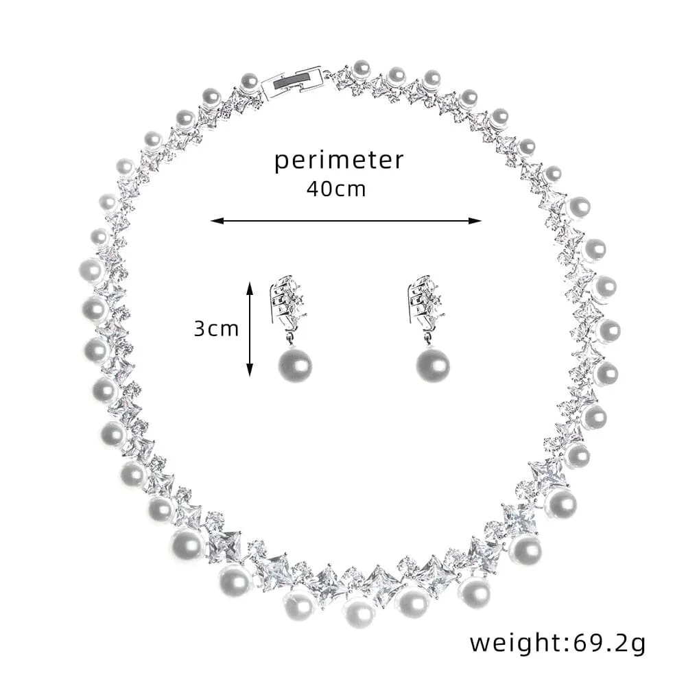 Gorgeous Cubic Zirconia Stone Big Pearl Choker Necklace Earrings Set