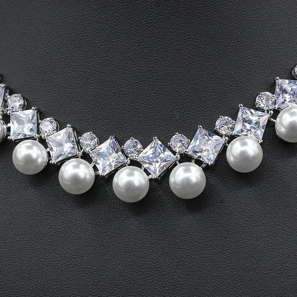 Gorgeous Cubic Zirconia Stone Big Pearl Choker Necklace Earrings Set