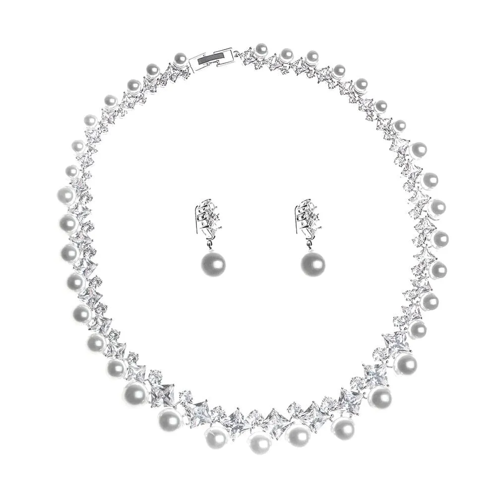 Gorgeous Cubic Zirconia Stone Big Pearl Choker Necklace Earrings Set