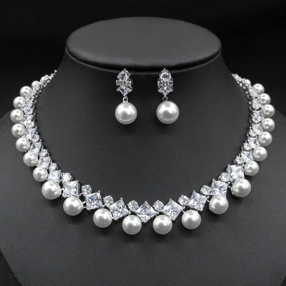 Gorgeous Cubic Zirconia Stone Big Pearl Choker Necklace Earrings Set