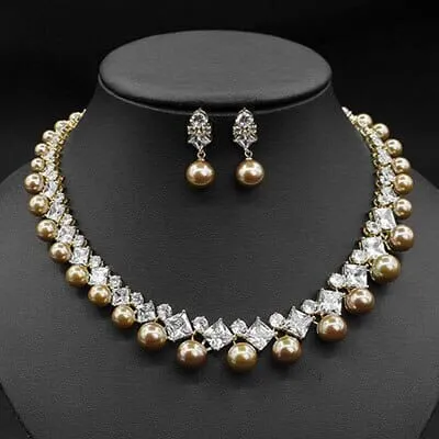 Gorgeous Cubic Zirconia Stone Big Pearl Choker Necklace Earrings Set