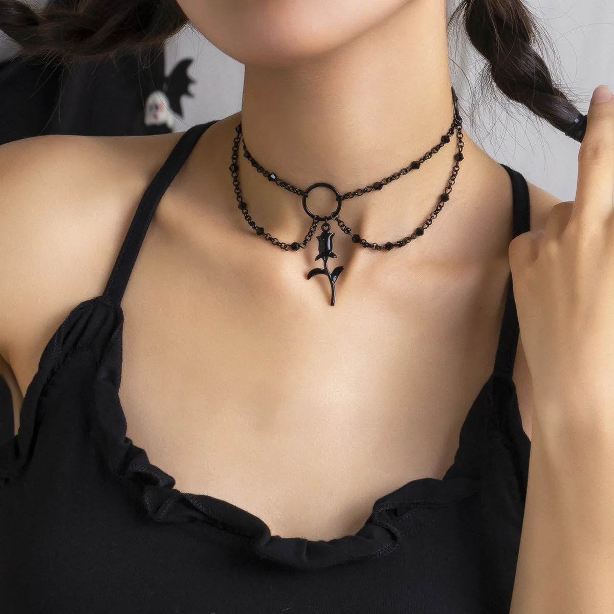 Gorgeous Vintage Black Rose Flower Pendant Bead Chain Tassel Choker Bracelet - Simple Gothic Style