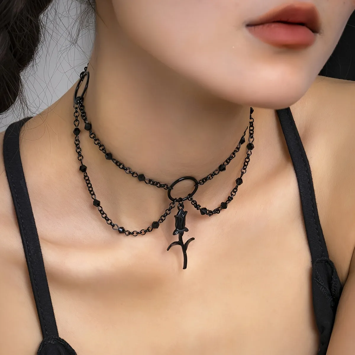 Gorgeous Vintage Black Rose Flower Pendant Bead Chain Tassel Choker Bracelet - Simple Gothic Style