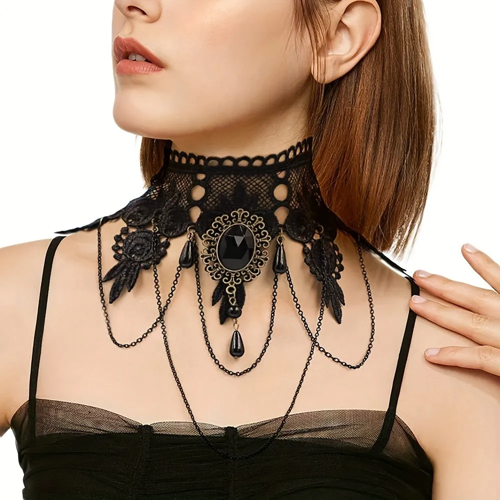 Gothic Retro Black Lace Lolita Necklace Pendant Vampire Chain Lace Necklace, Halloween Lace Choker Necklace Holiday Jewelry