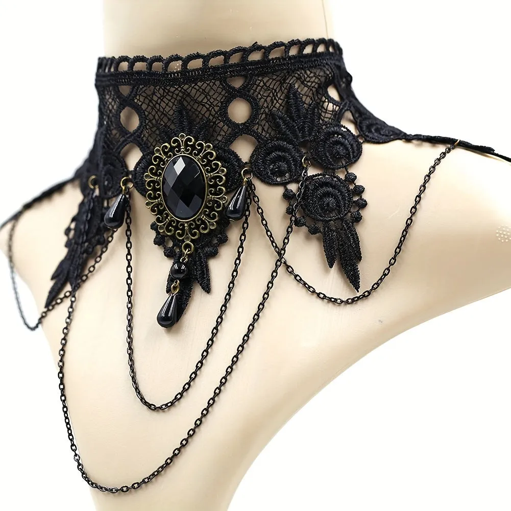 Gothic Retro Black Lace Lolita Necklace Pendant Vampire Chain Lace Necklace, Halloween Lace Choker Necklace Holiday Jewelry