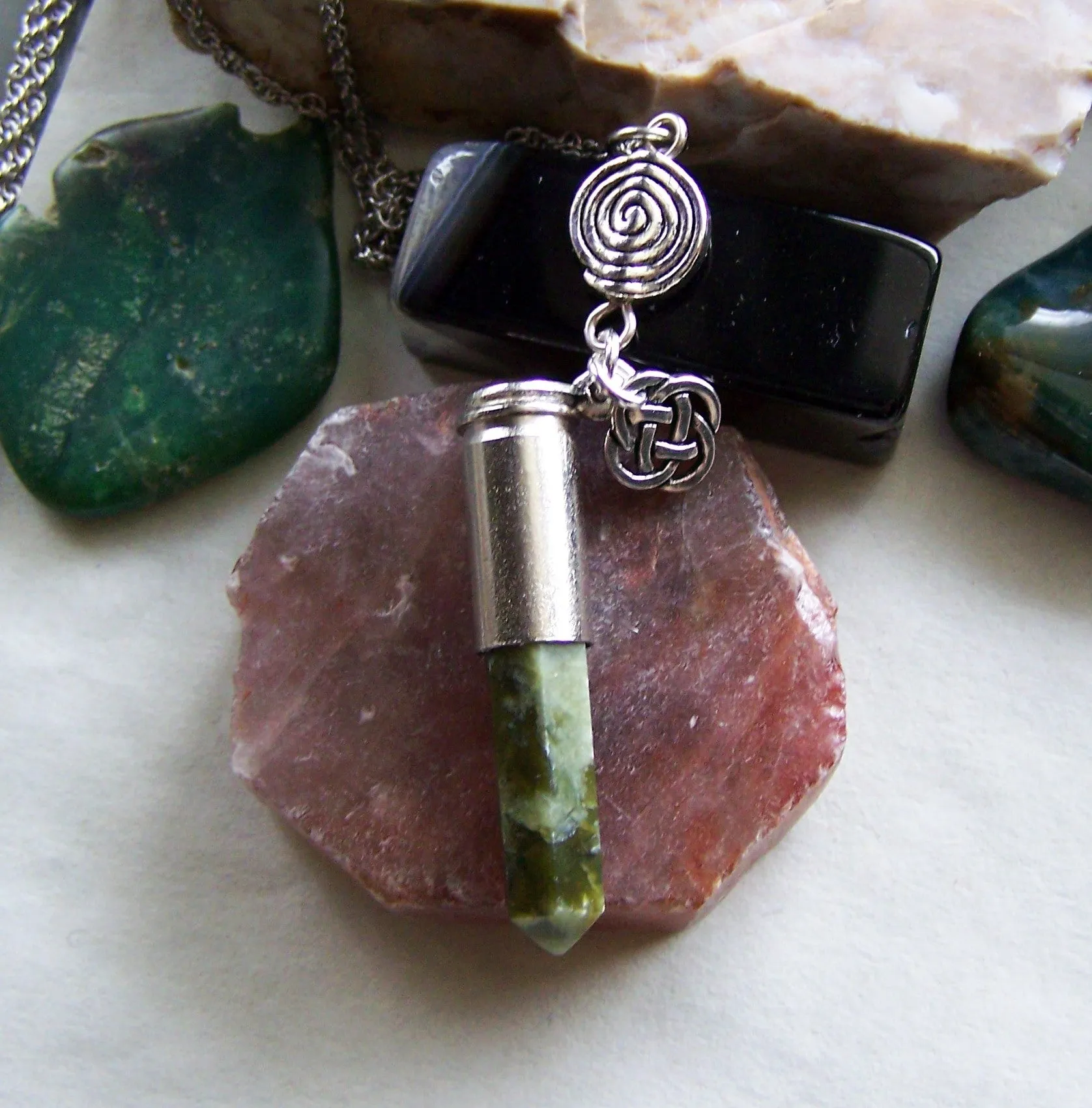 Green Jade Celtic Spiral Bullet Pendant Necklace