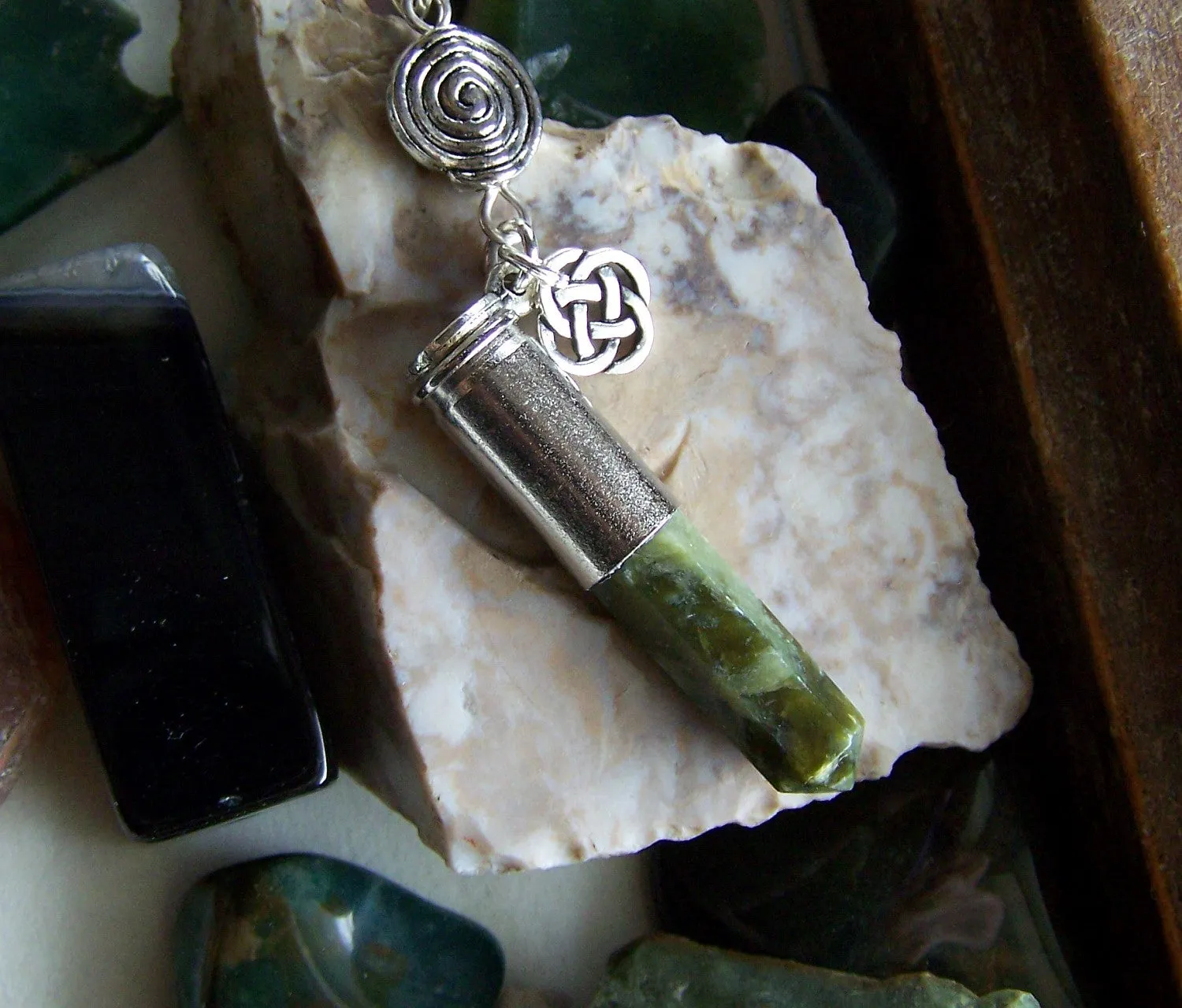 Green Jade Celtic Spiral Bullet Pendant Necklace