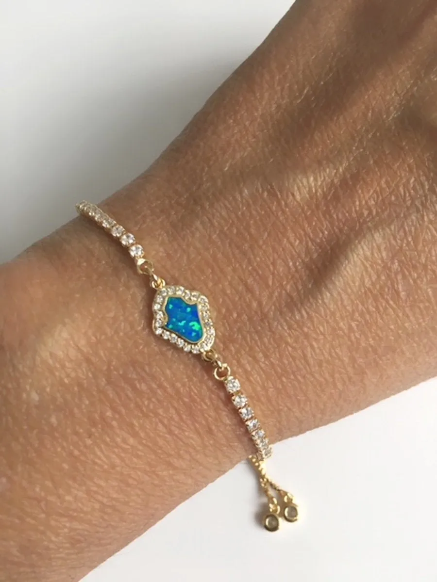 Hamsa Hand Tennis Bracelet Kabbalah Adjustable Opal Bracelet