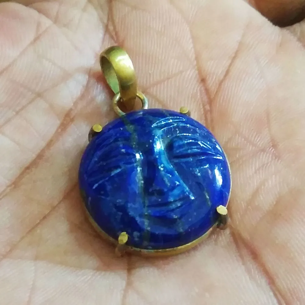 Handmade Prong Set Lapis Lazuli September Birthstone Moon Face Pendant