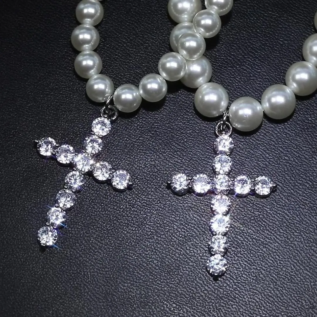 Hip Hop 8-10mm Pearl Necklace Cross Pendant