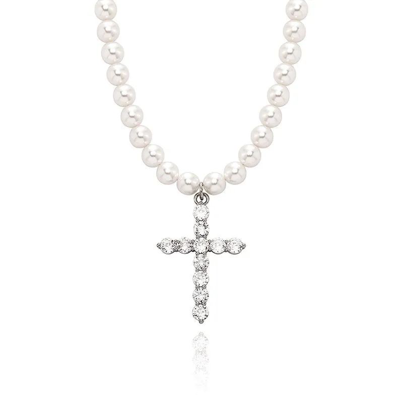 Hip Hop 8-10mm Pearl Necklace Cross Pendant