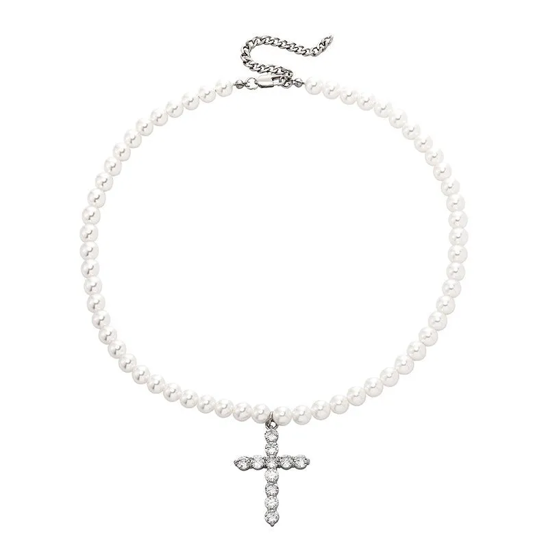 Hip Hop 8-10mm Pearl Necklace Cross Pendant