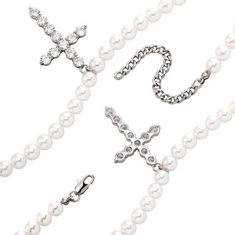 Hip Hop 8-10mm Pearl Necklace Cross Pendant