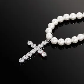 Hip Hop 8-10mm Pearl Necklace Cross Pendant