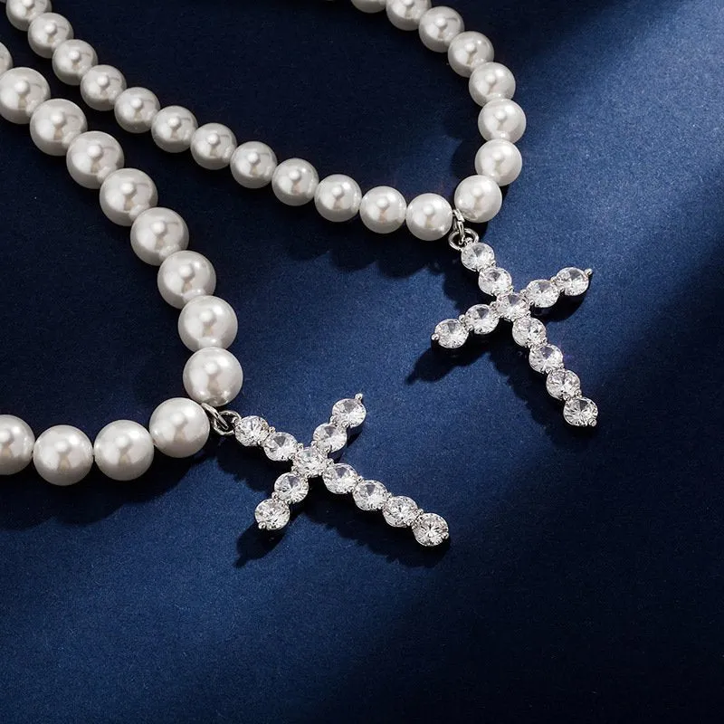 Hip Hop 8-10mm Pearl Necklace Cross Pendant