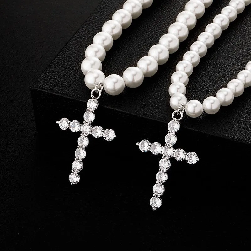 Hip Hop 8-10mm Pearl Necklace Cross Pendant