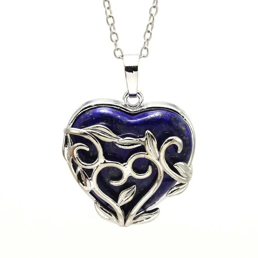 Hollow Heart Shape Amethyst Stone Pendant Necklace