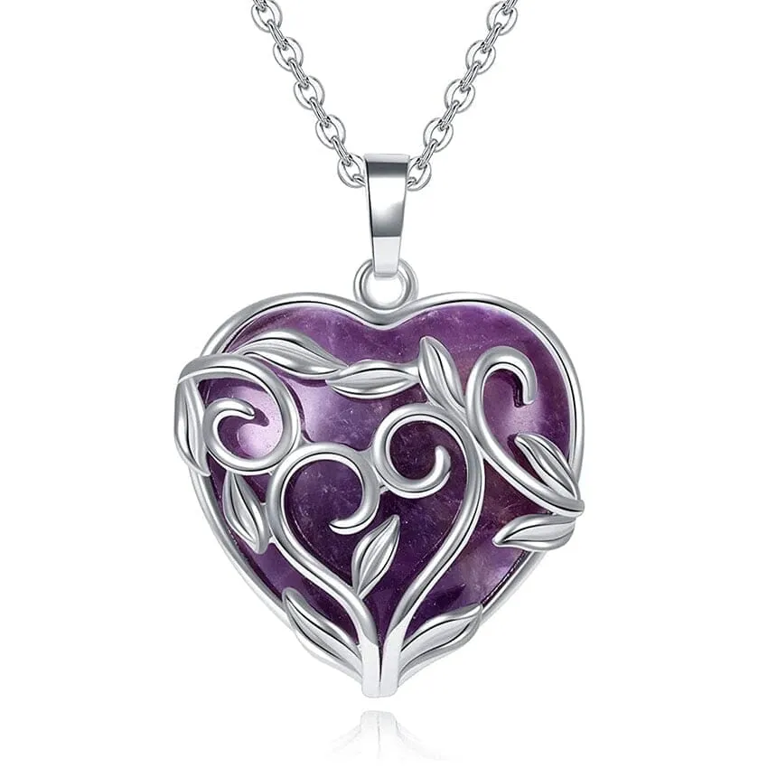 Hollow Heart Shape Amethyst Stone Pendant Necklace