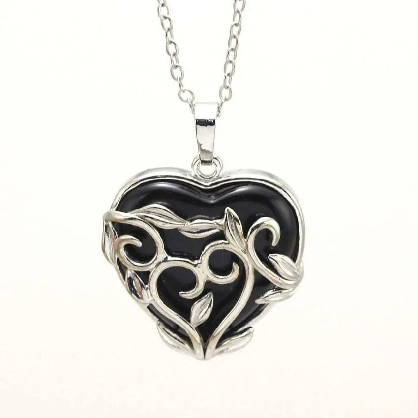 Hollow Heart Shape Amethyst Stone Pendant Necklace